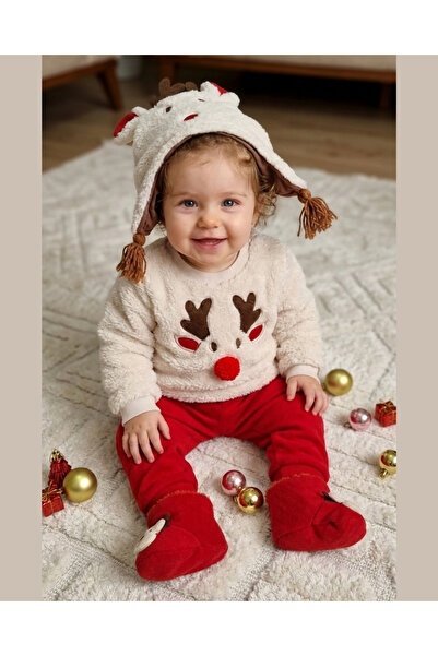 Asliva fashion Asliva Geyikli Baby Set - Plush Sherpa Top, Bottom, Hat, Booties 4-Piece Set - New Year Combination - 6-24 Months