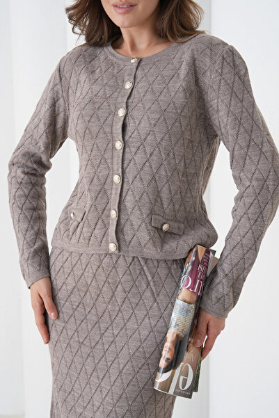 Park Karon Women's Crew Neck Button Detail Patterned Jacket Skirt Two-Piece Knitwear Set