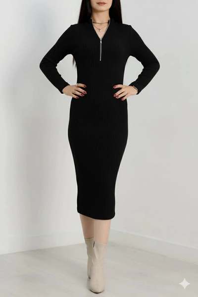 ZENGEZUR MALL Drnds Zipper Detail Corded Fabric Fleece-Lined Dress Black A3178 (213637) (Size: Standard)