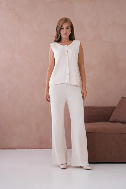 Park Karon Women's Wide Collar Button Detail Ribbed Knit Long Vest Pants Two-Piece Knitwear Set