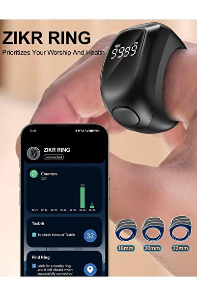 BSTWSH Enhanced Smart Digital Tasbih Ring, Muslim Prayer Tasbih Ring, Prayer Time Reminder, Tasbih Counter with Screen