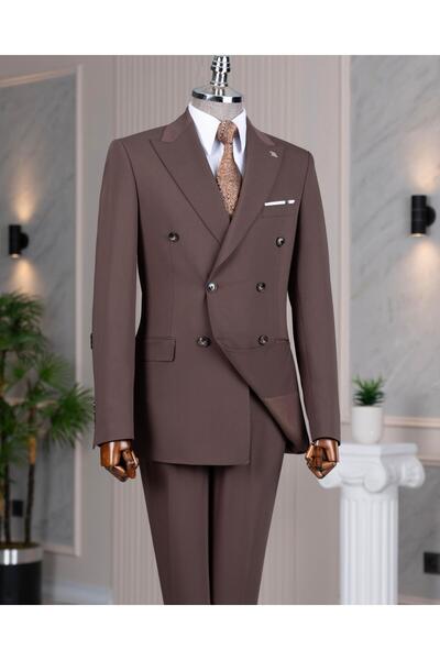 TerziAdemAltun Italian Style S Slim Fit 8 Drop K Double-Breasted Jacket Pants Suit Brown T14589