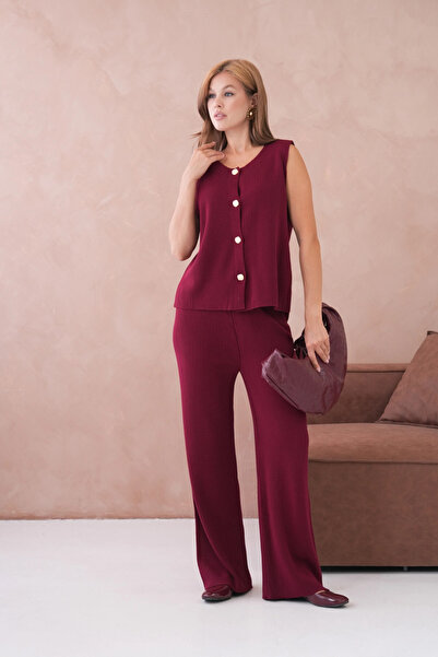 Park Karon Women's Wide Collar Button Detail Ribbed Knit Long Vest Pants Two-Piece Knitwear Set