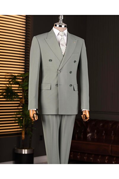 TerziAdemAltun Italian Style S Slim Fit K Double-Breasted Jacket Pants Suit Green T14858