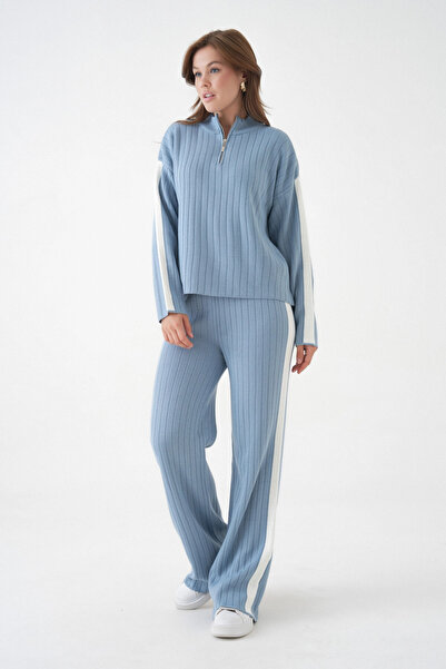 Park Karon Women's Mock Neck Half Zipper Knit Detail Sweater Pants Double Kni...