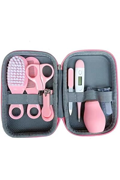 Generic 8-Piece Baby Grooming Kit with Travel Pouch, Nail Care Tools and Hair Brush — Pink/Gray