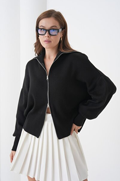 Noi Belis Basic Oversized Turn-Down Collar Zippered Knitwear Cardigan Aw25Hi0059