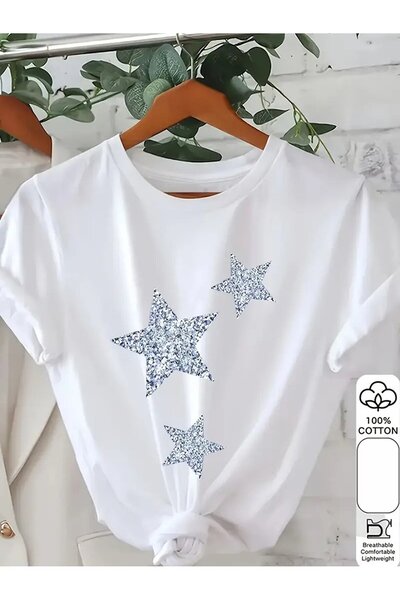 one button Unisex Star Yıldızlı Tasarım Baskılı Basic Bisiklet Yaka Regular T...