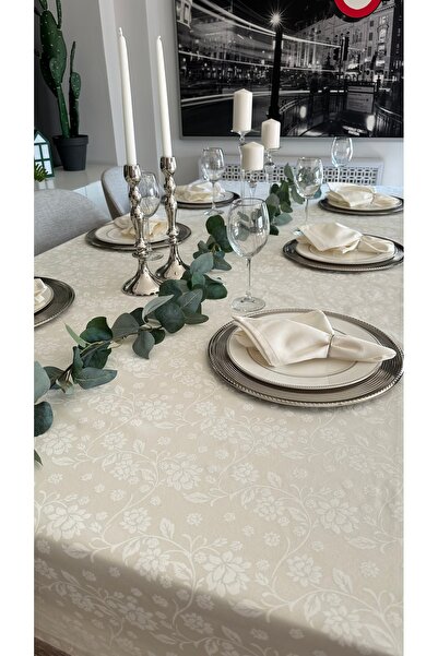 Decamor home Floral Patterned Ecru Tablecloth Liquid Resistant (Napkin Not Included)