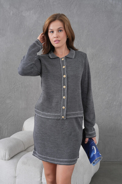 Park Karon Women's Shirt Collar Button Closure Patterned Jacket Skirt Two-Piece Knitwear Set