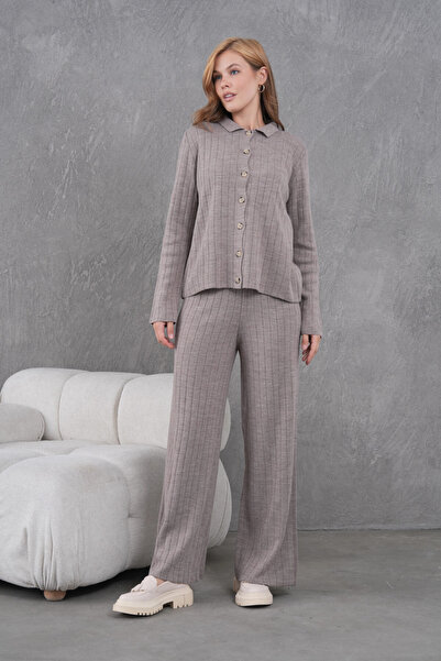 Park Karon Women's Shirt Collar Button Closure Patterned Jacket Pants Two-Piece Knitwear Set