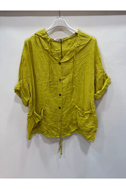 della moor Yellow Italian K Hooded Button Half Sleeve Casual Linen Blouse