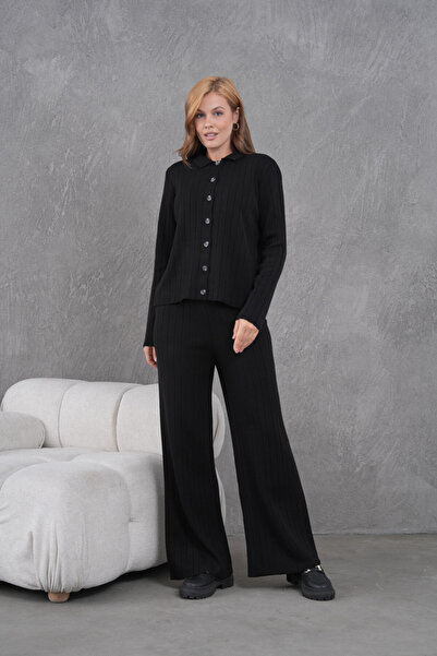 Park Karon Women's Shirt Collar Button Closure Patterned Jacket Pants Two-Piece Knitwear Set