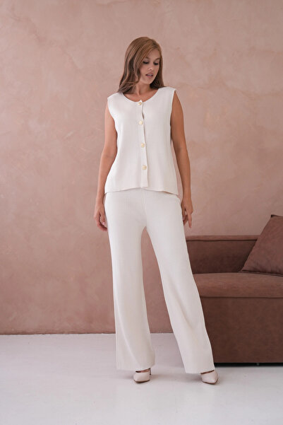 Park Karon Women's Wide Collar Button Detail Ribbed Knit Long Vest Pants Two-Piece Knitwear Set