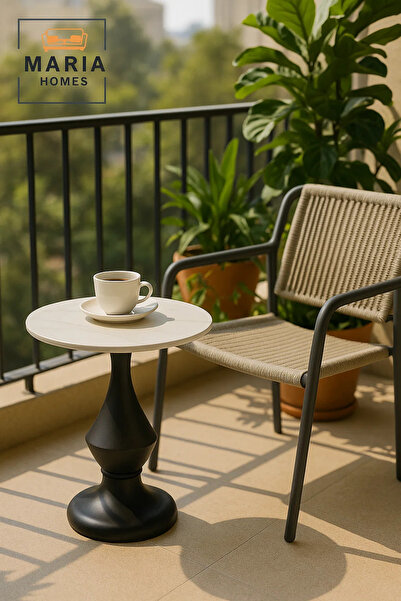 MARIA HOMES طاولة شاي بسطح سيراميكي - طاولة جانبية مستديرة بتصميم خشبي أسود 45×45×55 سم