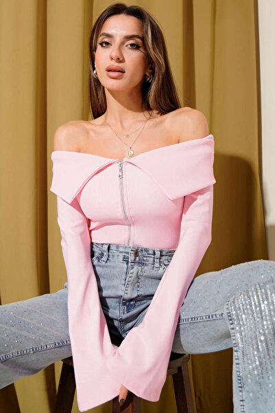 ZENGEZUR MALL Drnds Off Shoulder Zipper Blouse Pink T4330 (213434) (Size: S)