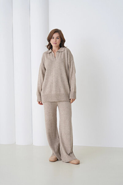 Park Karon Жіночий светр з поло-комірцем, оверсайз, брюки, двокомпонентний трикотажний комплект