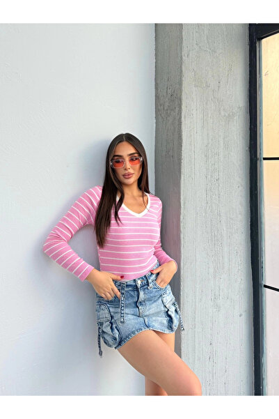 ZENGEZUR MALL Sptrns V-Neck Striped Blouse Pink A3699 (205007) (Size: S)