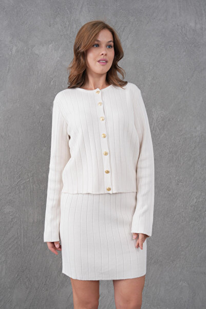 Park Karon Women's Crew Neck Button Closure Jacket Skirt Two-Piece Knitwear Set