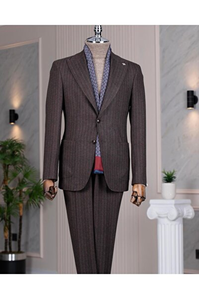 TerziAdemAltun بدلة بنطلون بياقة مدببة على الطراز الإيطالي s قصة ضيقة باللون البني T14766