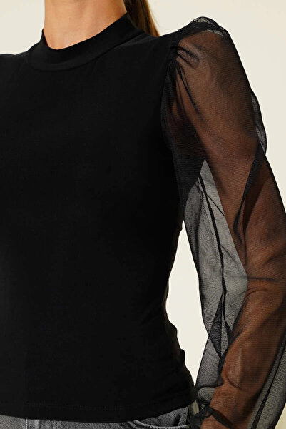 ZENGEZUR MALL Sptrns Mock Neck Tulle Sleeve Blouse Black T3066 (204957) (Size: S)