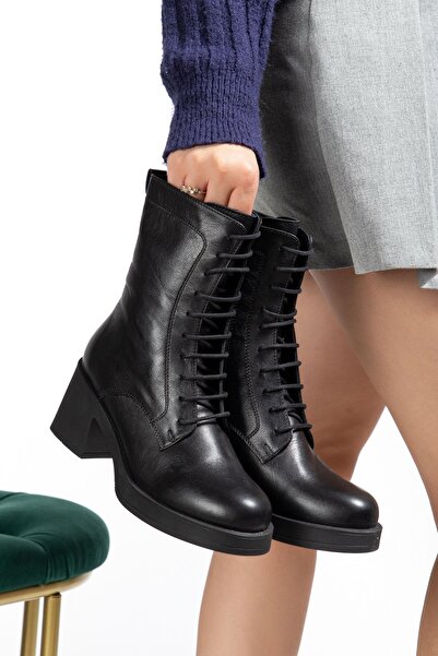 Süperland Women's Genuine Leather Marlin Model Black Color Side Zipper Boots