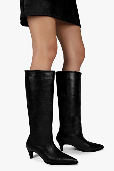 Shoeberry Women's Lula Black Leather Short Pointed Heeled Boots