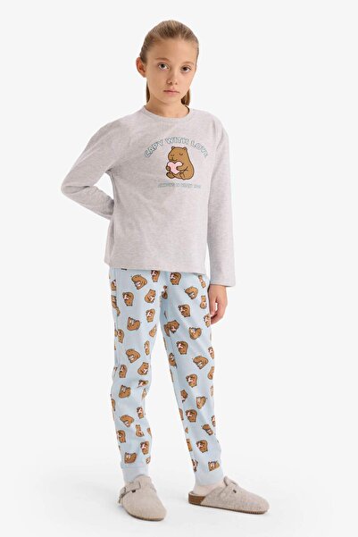 DeFacto Girls Pajama Set Printed Long Sleeve Top Patterned Long Bottom G2766A825Wn