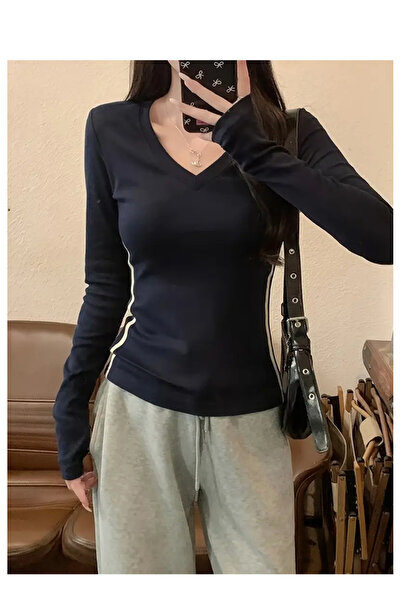 Köstebek White Striped V-Neck Navy Blue Basic Blouse