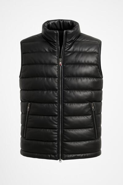 CLASSİCS MEN Men's Slim Fit Zippered Black Faux Leather Vest - 7448