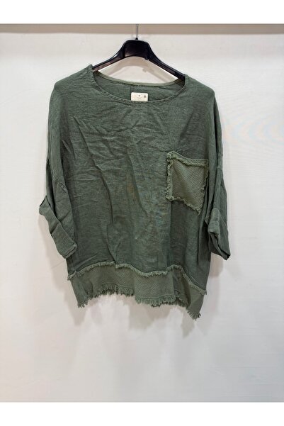 della moor Khaki Italian Tassel 4/3 Sleeve Casual Linen Blouse