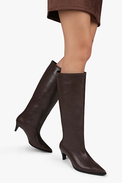 Shoeberry Women's Lula Brown Leather Short Pointed Heeled Boots