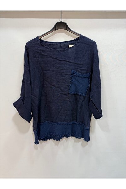 della moor Navy Blue Italian Tassel Detail 4/3 Sleeve Casual Linen Blouse