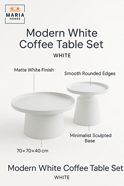 MARIA HOMES Modern White Tea Table Set 1+1 – Round Coffee Table and Side Table 70×70×40 / 50×50×50