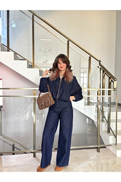 Sude Kızanlıklı Denim Jacket Pants Set with Fur Collar