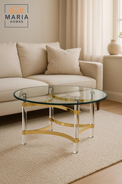 MARIA HOMES Luxury Round Glass Coffee Table 90×90×45 cm with Gold Stainless Steel and Acrylic Legs