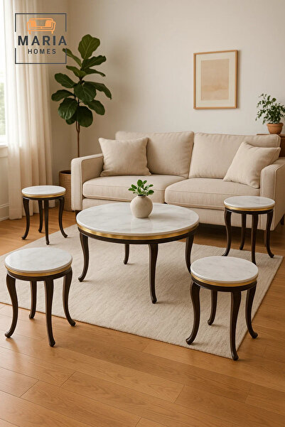MARIA HOMES Ceramic Marble Tea Table Set 1+4 – Round Coffee Table and Side Tables 90×90×45 / 45×45×55
