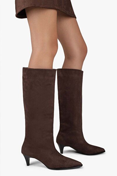 Shoeberry Women's Lula Bitter Brown Suede Short Pointed Heeled Boots