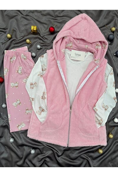 Lena Homewears Women's Soft Welsoft Fleece Hooded Vest Set 3-Piece Pajama Set