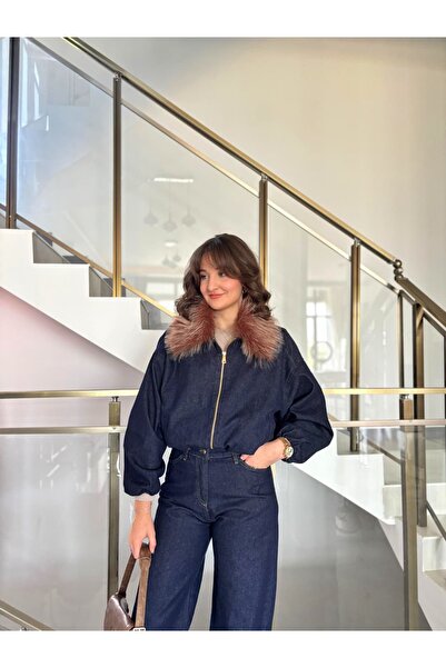 Sude Kızanlıklı Denim Jacket Pants Set with Fur Collar