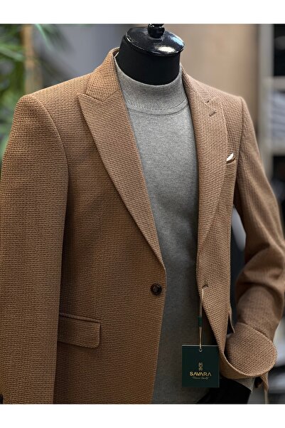 SAVARA Men's Slimfit Dark Tan Winter Fabric Dobby Single Jacket