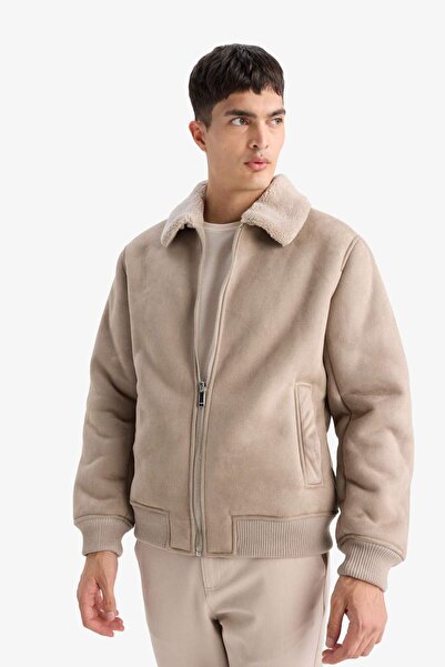 DeFacto Slim Fit Slim Fit Fur Polo Neck Lined Zipper Pocket Suede Coat A3869Ax25Wn