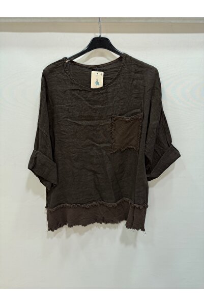 della moor Кафява италианска блуза с ресни, 4/3 ръкави, от лен