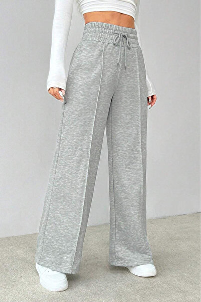 Hera Moda Women's Gray Extra High Waist 2 Thread Wide Leg Sweatpants