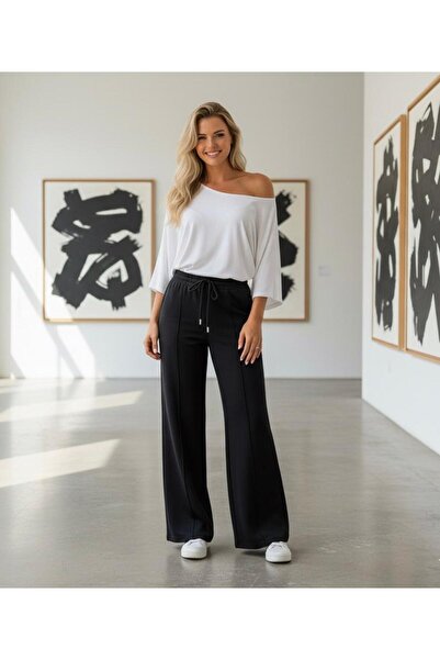 LACKH Pre-Painted Black Women's Wide-Leg Sweatpants Flexible Comfortable Loose Fit