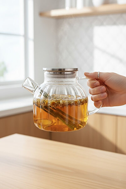 EVONİTA 1000 ml Isıya Dayanıklı Çelik Kapaklı Borosilikat Cam Demlik Ocak Üstü Şeffaf Bitki Çayı Demliği