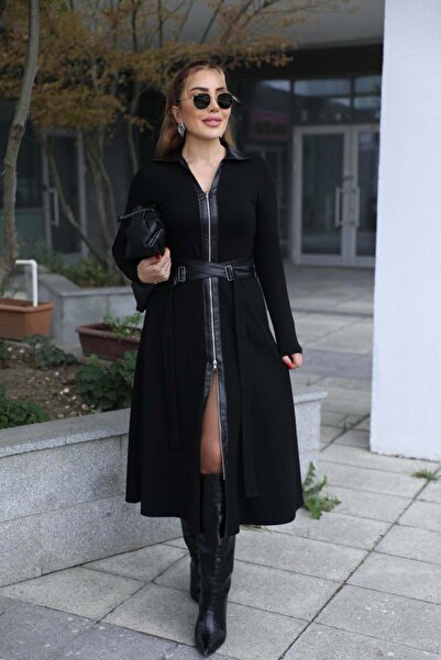 QİMYA BUTİK Buketli̇ Women's Leather Buckle Belt Detailed Double-Way Full Zipper Leather Polo Collar Long Sleeve Long Dress