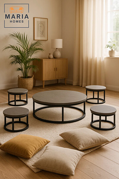 MARIA HOMES Modern Grey Round Coffee Table Set – Concrete Finish with Metal Base Living Room 5Piece