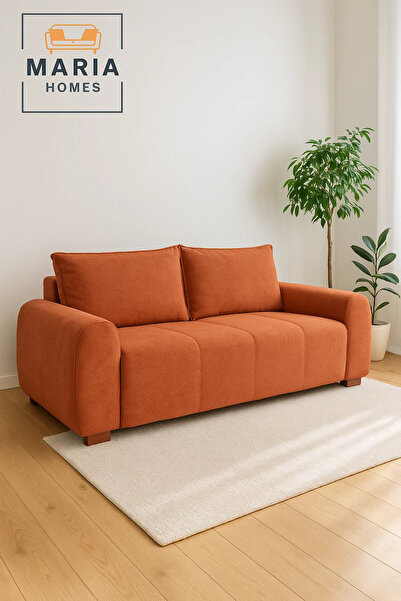 MARIA HOMES Modern Orange 3 Seater Sofa – Comfortable Living Room Couch with Soft Fabric Upholstery