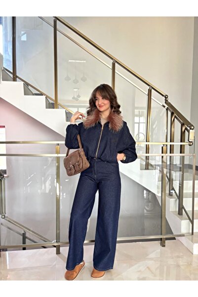 Sude Kızanlıklı Denim Jacket Pants Set with Fur Collar